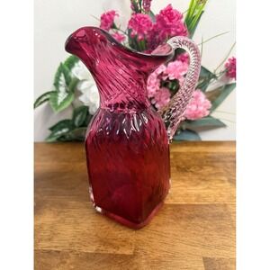 Vintage Ruby Red Glass Pitcher – Swirl Textured Body with‎ Twisted Handle Retro